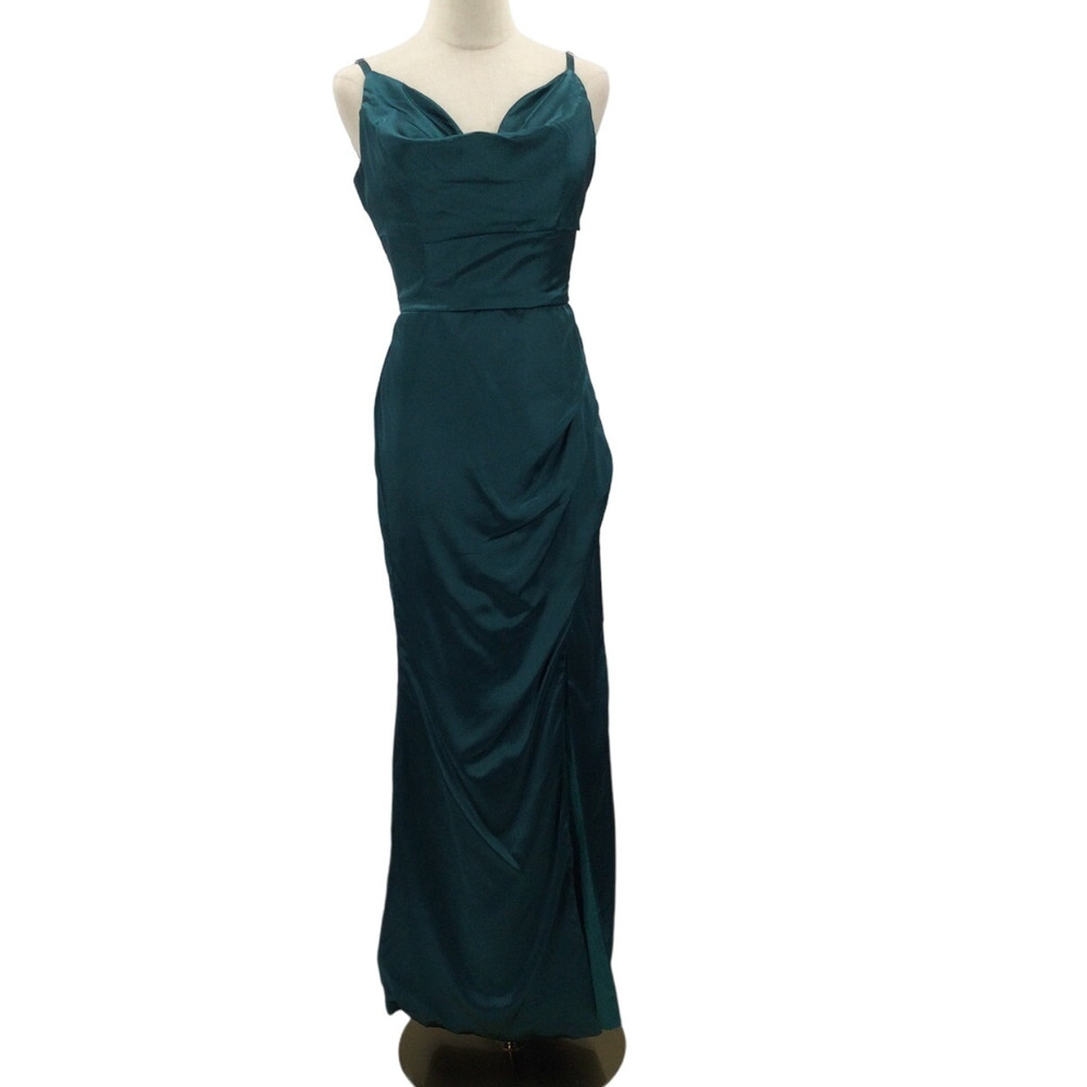 FORMAL PARTY SZ 8 M teal green satin cowl ruched prom maxi gown dress NEW B44